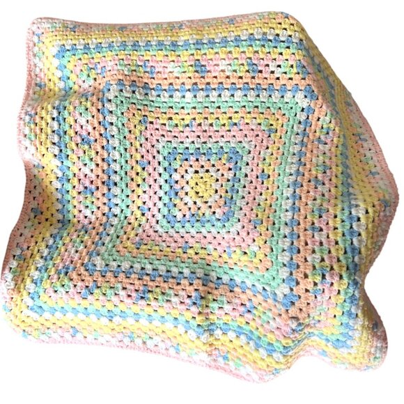 Handmade Pastel Rainbow Crocheted Baby Blanket / Lap Throw – 31"x33" - Picture 2 of 10